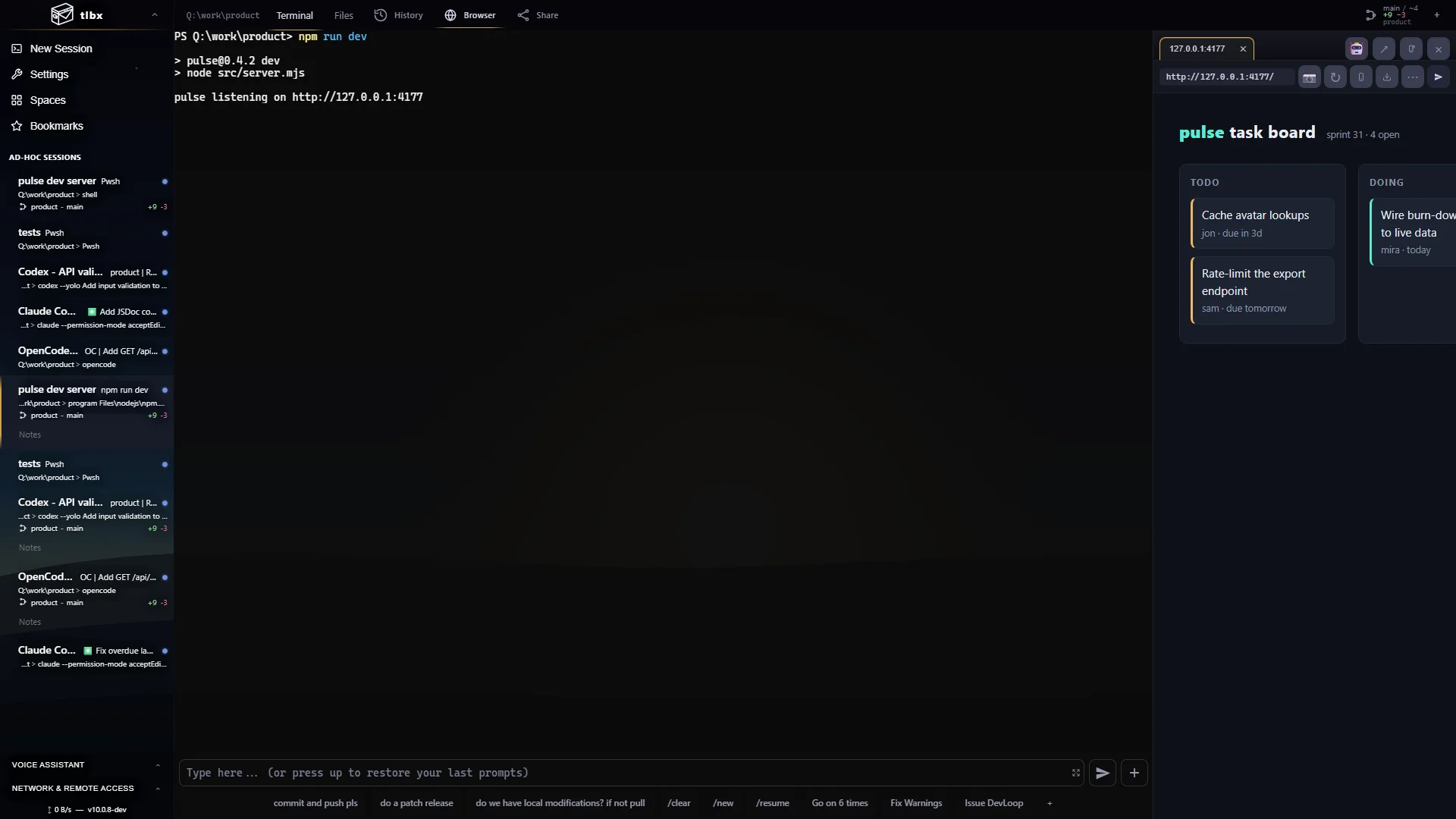 A tlbx dev server session beside the docked Dev Browser showing the live app it serves